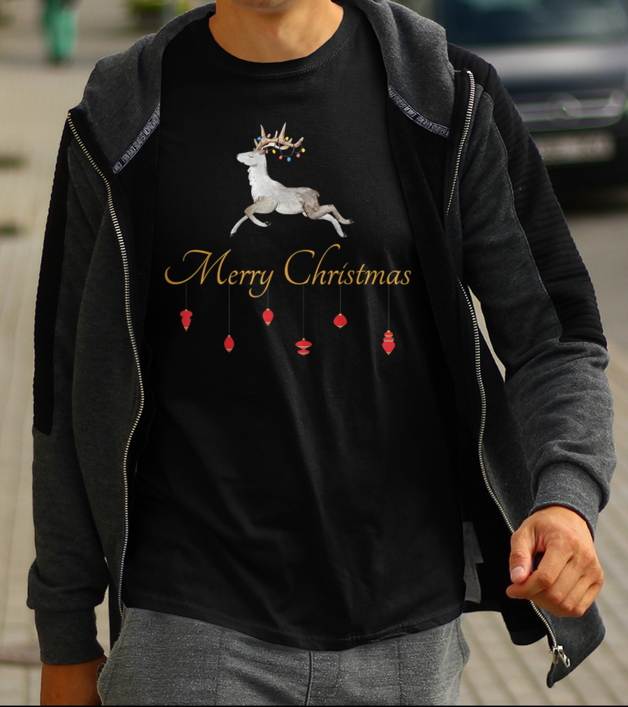 Merry Christmas Prancing Reindeer With Ornaments T-Shirt