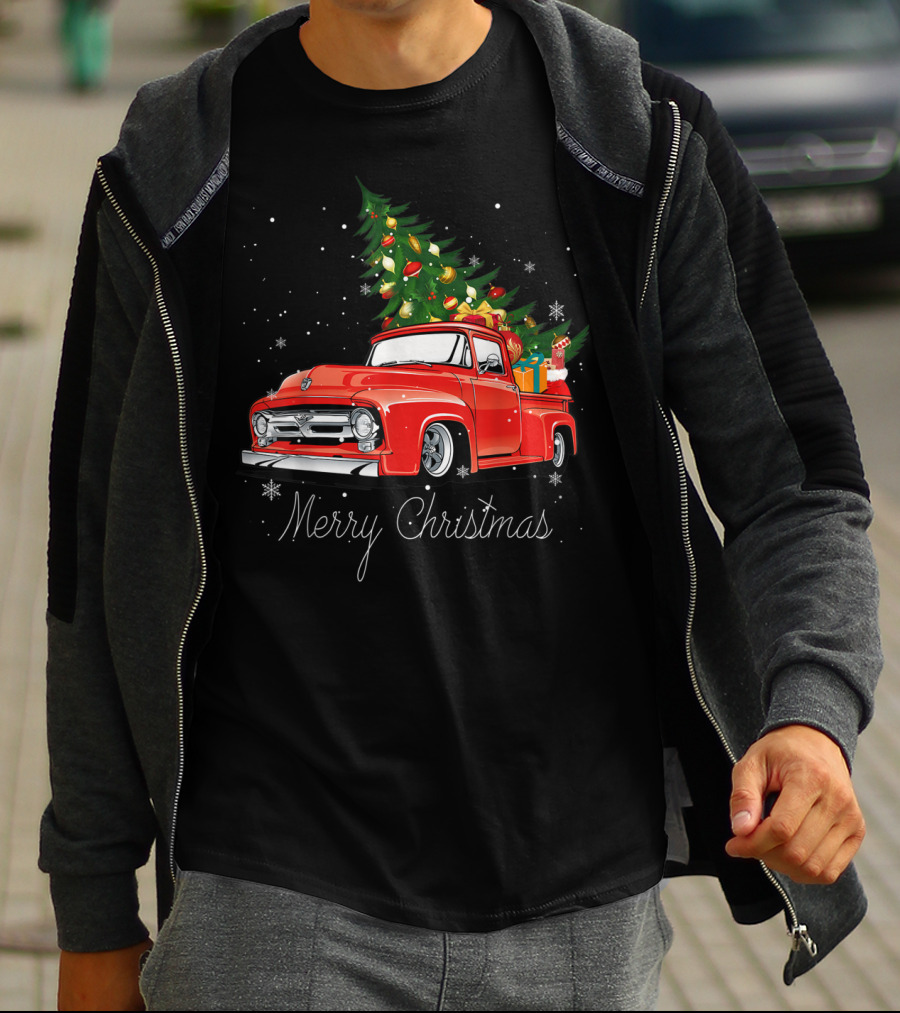 Merry Christmas Red Truck With Christmas Tree And Gifts In Snow T-Shirt