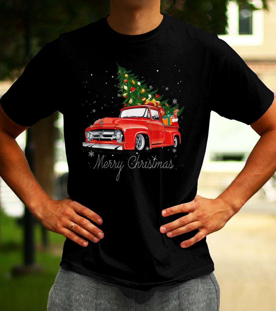 Merry Christmas Red Truck With Christmas Tree And Gifts In Snow T-Shirt