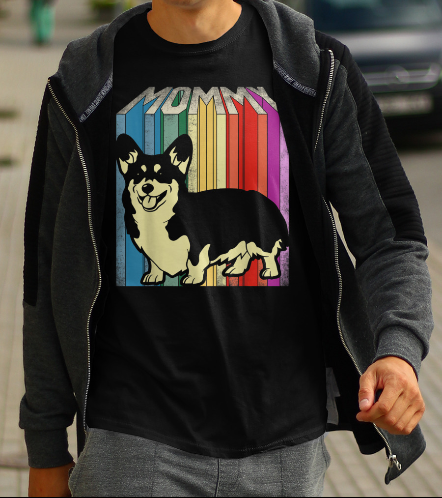 MOMMY Corgi Dog Vintage Rainbow Stripes T-Shirt