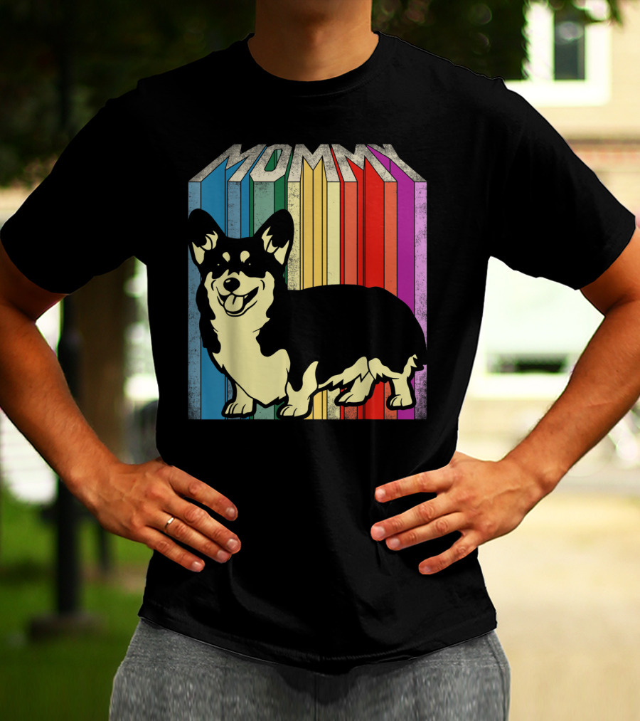 MOMMY Corgi Dog Vintage Rainbow Stripes T-Shirt