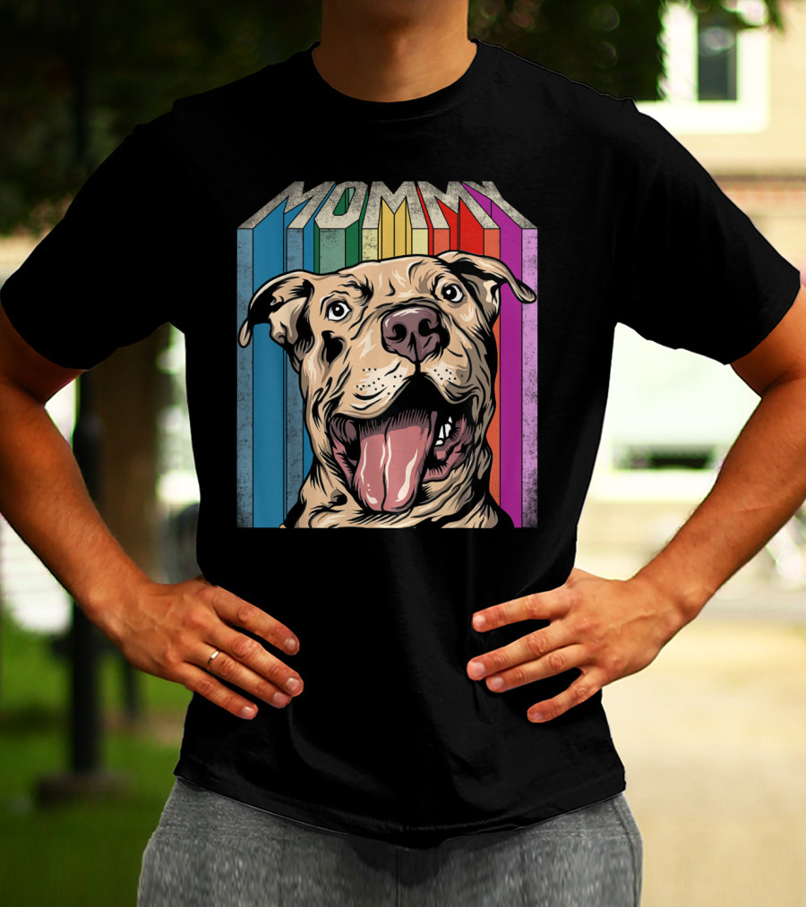 Mommy Pitbull Dog Retro Colorful Stripes T-Shirt