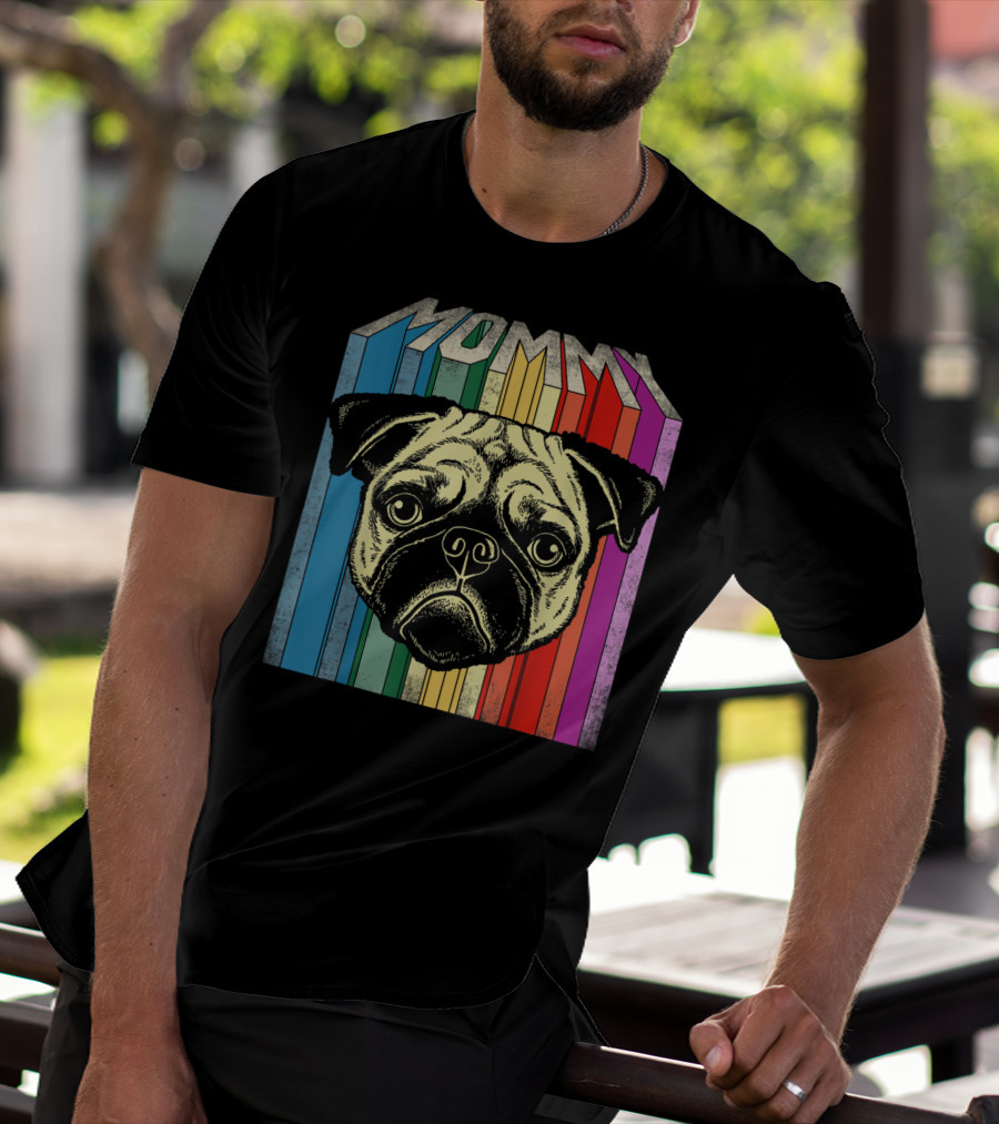 Mommy Pug Dog Retro Rainbow Stripes T-Shirt