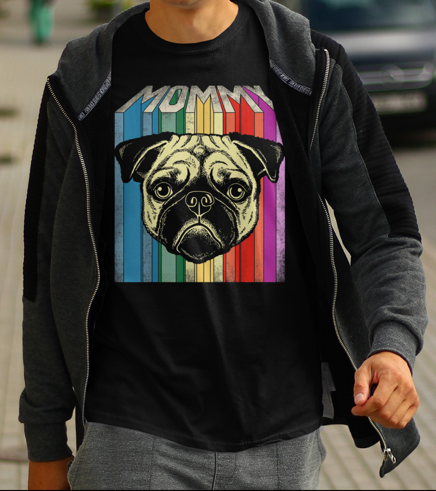 Mommy Pug Dog Retro Rainbow Stripes T-Shirt