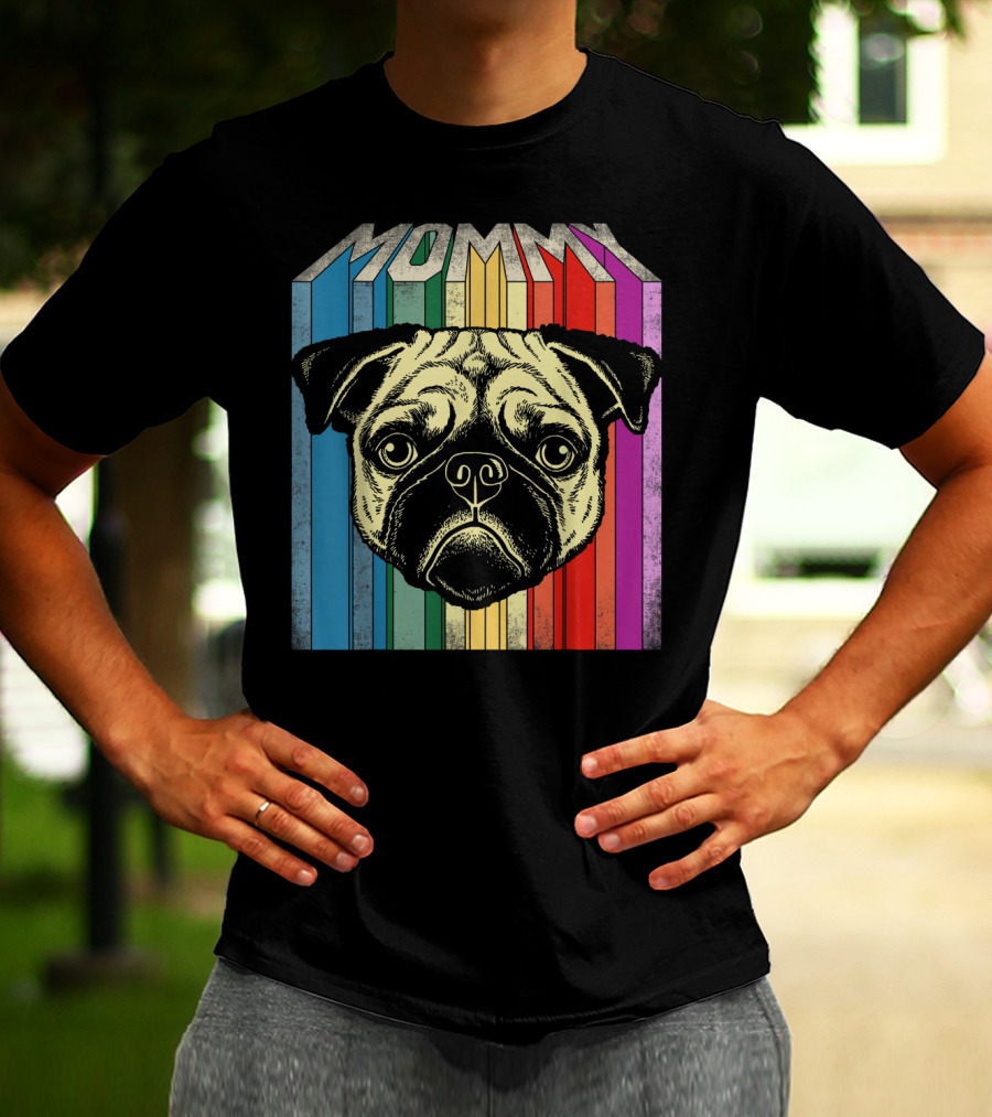 Mommy Pug Dog Retro Rainbow Stripes T-Shirt