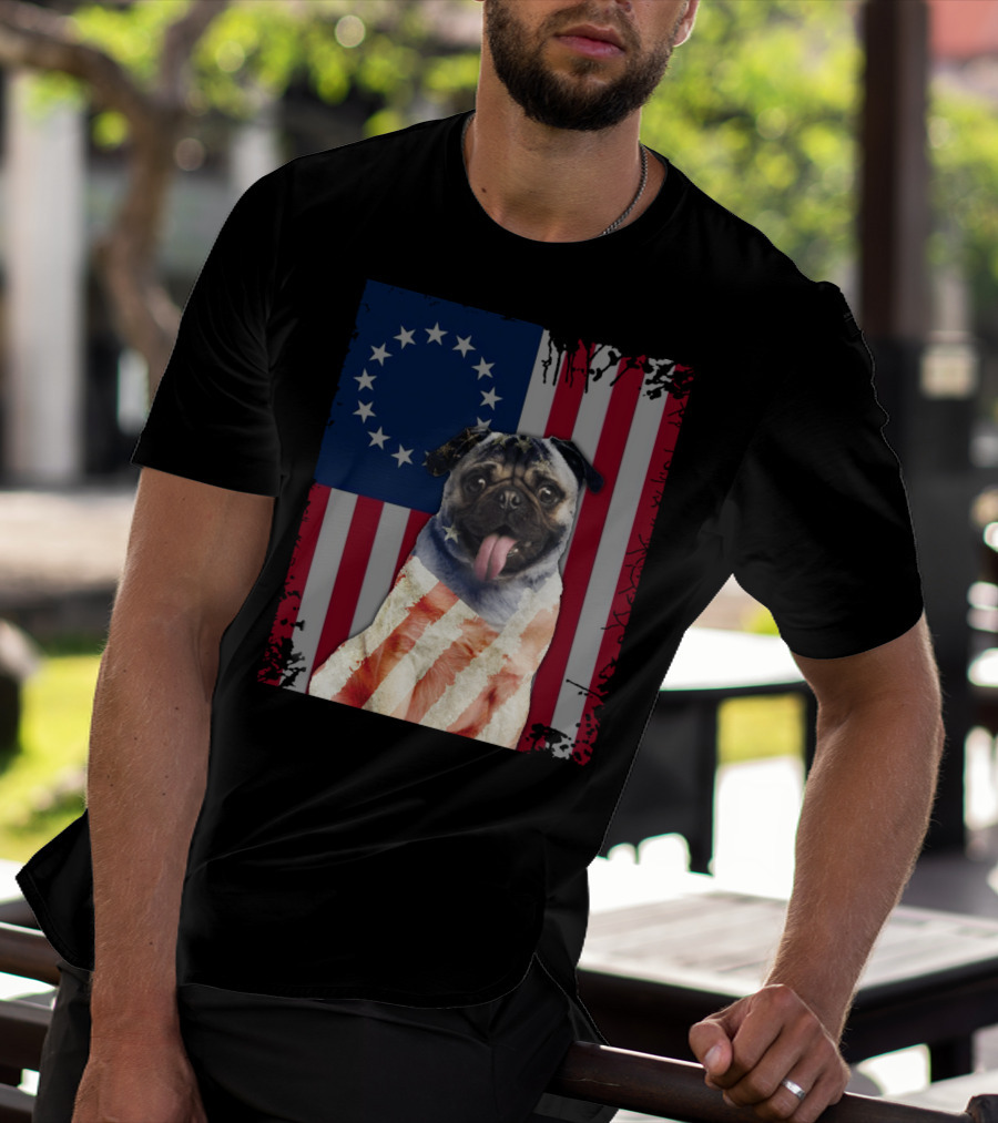 Pug Betsy Ross American Flag Costume Patriotic US Flag T-Shirt