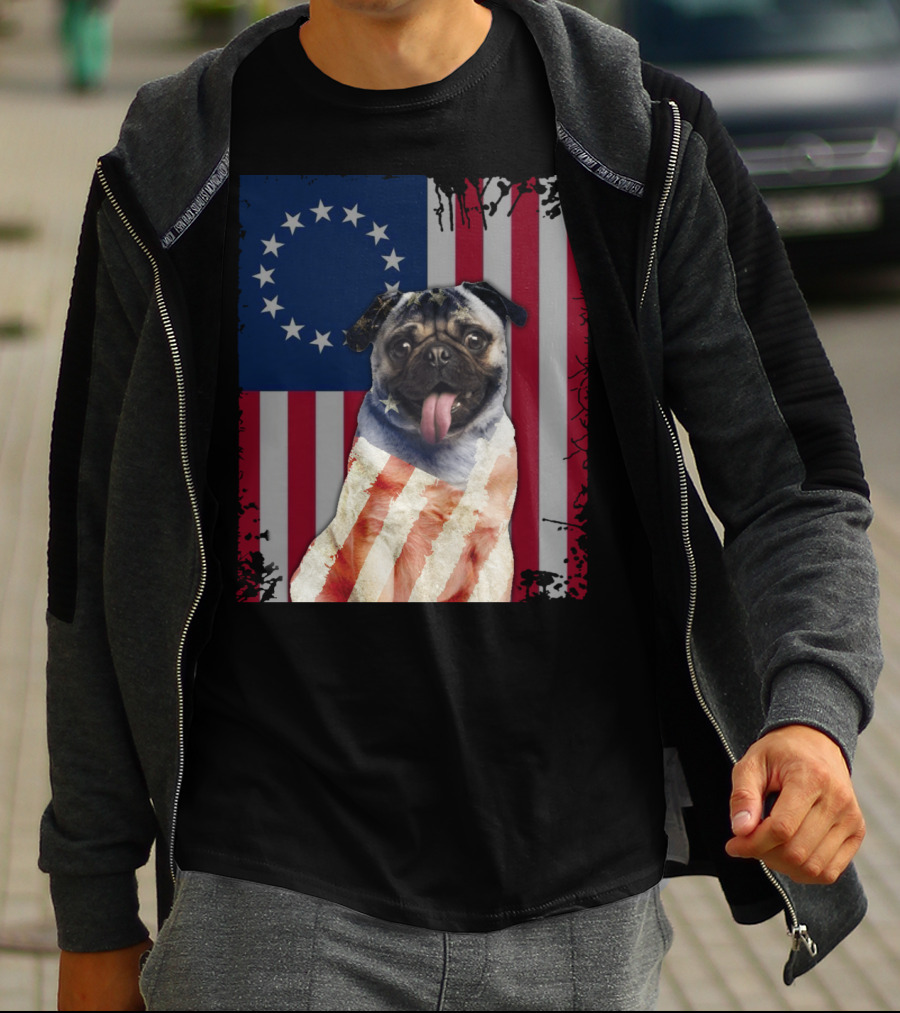 Pug Betsy Ross American Flag Costume Patriotic US Flag T-Shirt