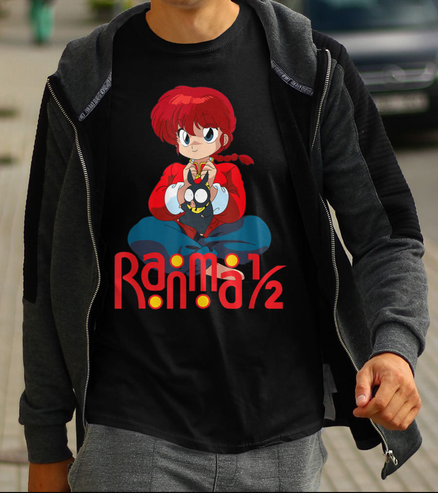 Ranma 1/2 Classic Anime Character Sitting With Black Cat T-Shirt