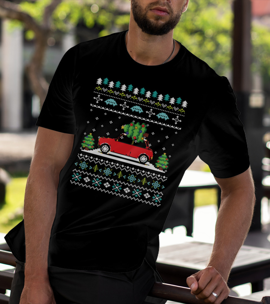Retro Red Car Christmas Tree Pixel Art Holiday T-Shirt