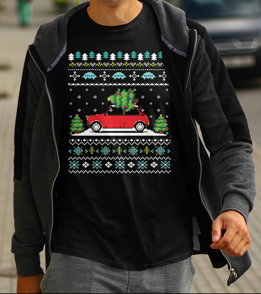 Retro Red Car Christmas Tree Pixel Art Holiday T-Shirt