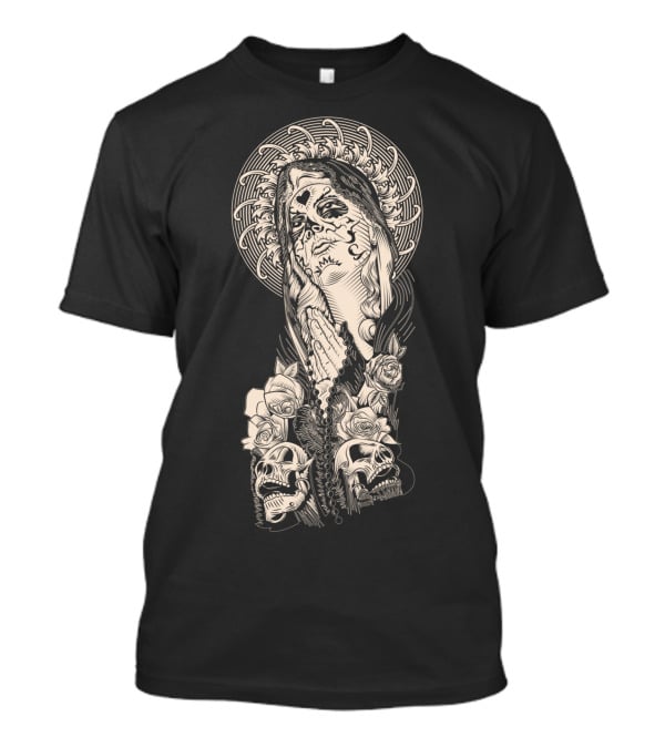 Santa Muerte Praying With Skull And Rose Elements T-Shirt