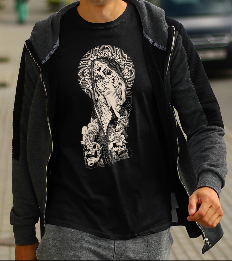Santa Muerte Praying With Skull And Rose Elements T-Shirt