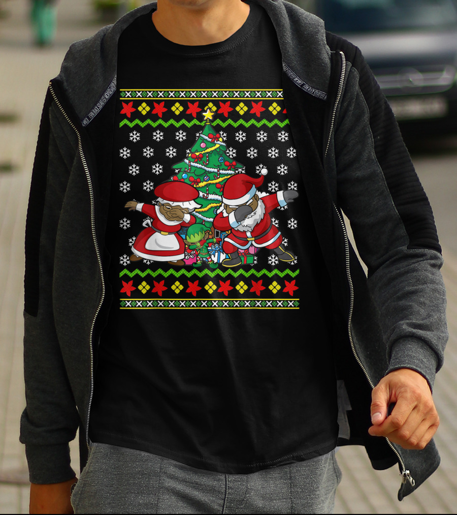 African American Dabbing Santa Mrs Claus Christmas Tree Snowflakes T-Shirt
