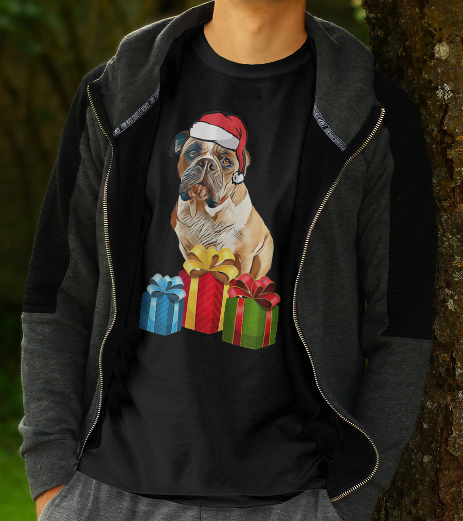 Bulldog With Santa Hat And Holiday Gifts T-Shirt