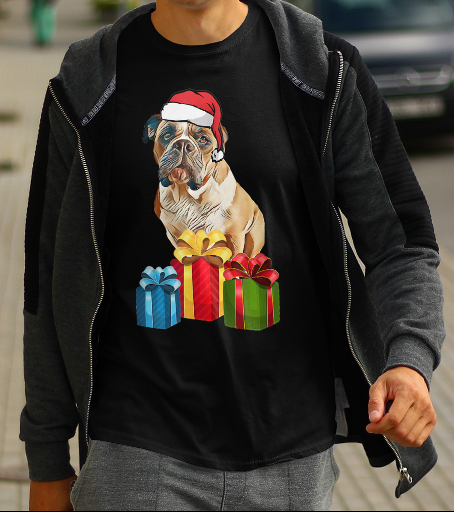 Bulldog With Santa Hat And Holiday Gifts T-Shirt