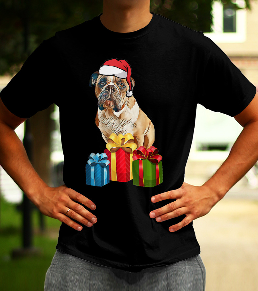 Bulldog With Santa Hat And Holiday Gifts T-Shirt