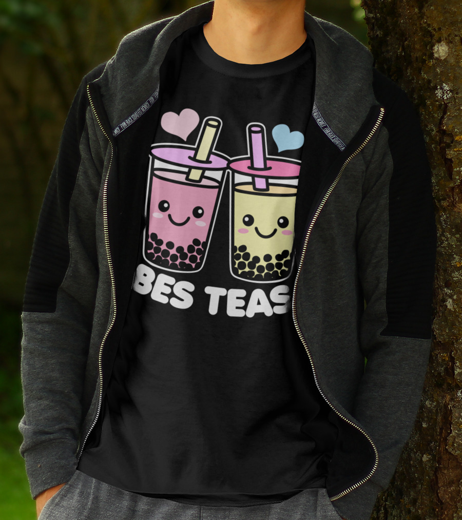 Bes Teas Cute Kawaii Boba Drinks Pink Yellow Hearts T-Shirt