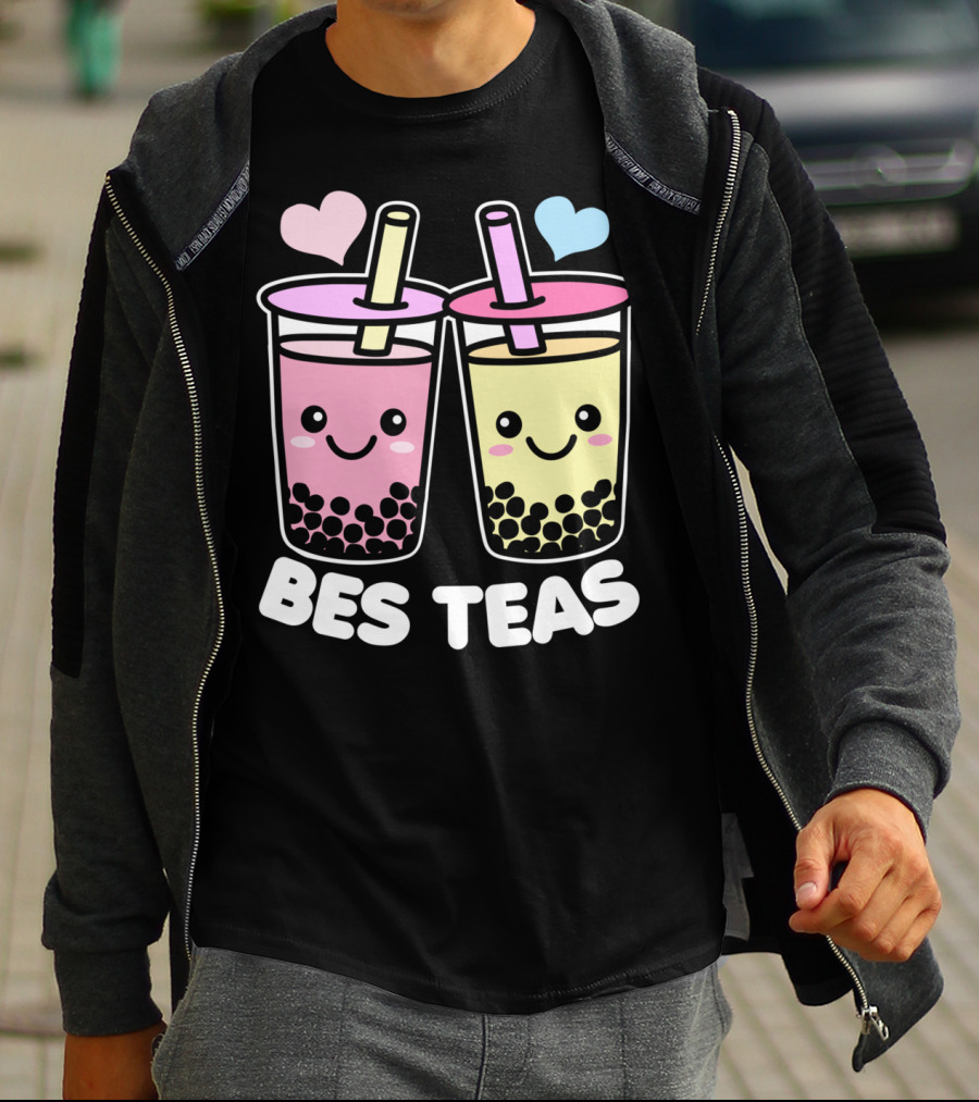 Bes Teas Cute Kawaii Boba Drinks Pink Yellow Hearts T-Shirt