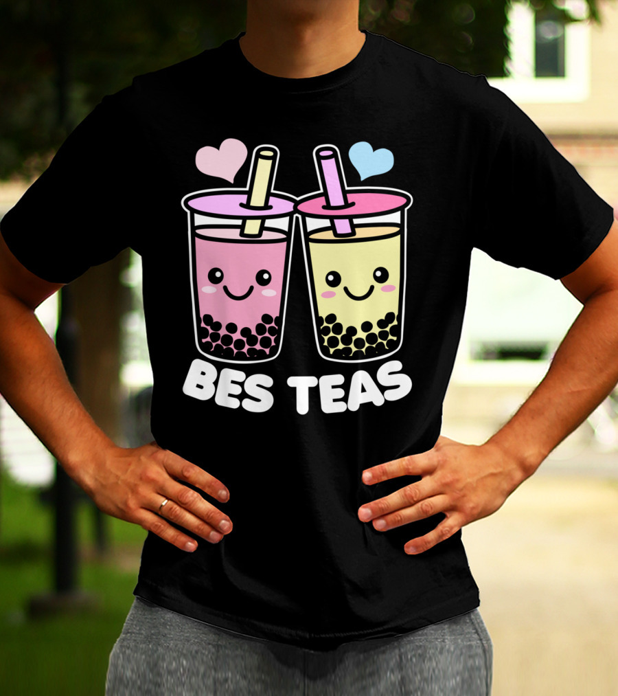 Bes Teas Cute Kawaii Boba Drinks Pink Yellow Hearts T-Shirt