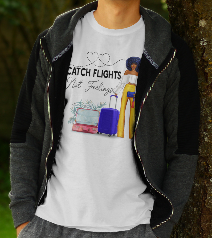 Black Woman Catch Flights Not Feelings Luggage Curls Yellow Pants Fashion T-Shirt