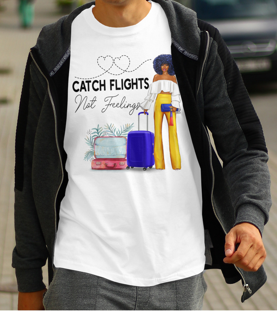 Black Woman Catch Flights Not Feelings Luggage Curls Yellow Pants Fashion T-Shirt