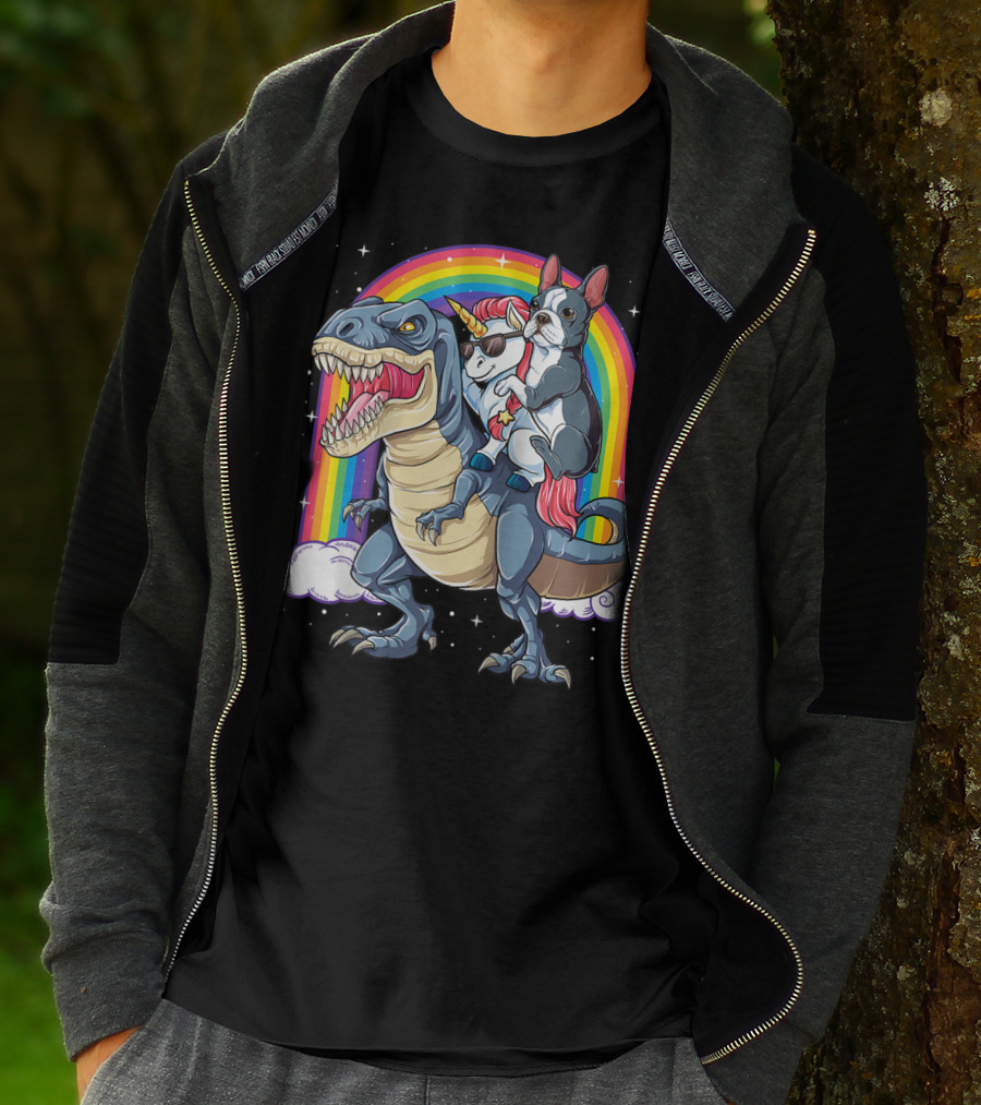 Boston Terrier And Unicorn Riding T-Rex T-Shirt