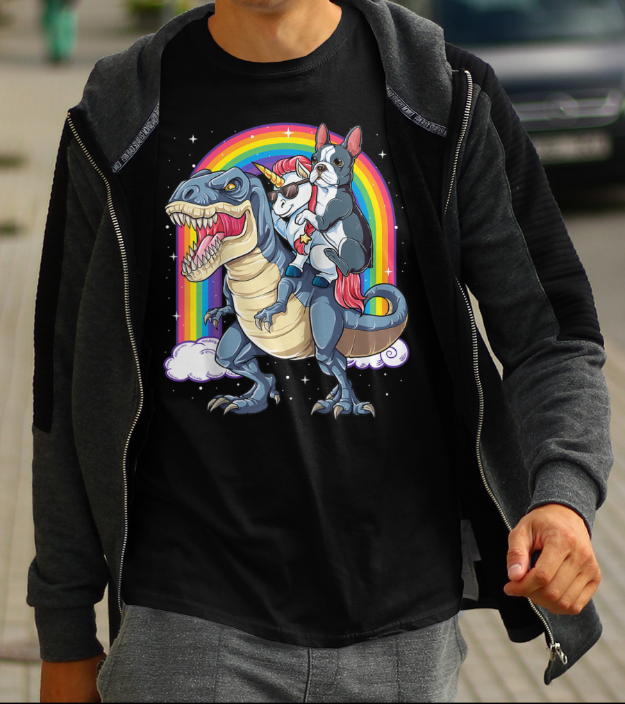 Boston Terrier And Unicorn Riding T-Rex T-Shirt
