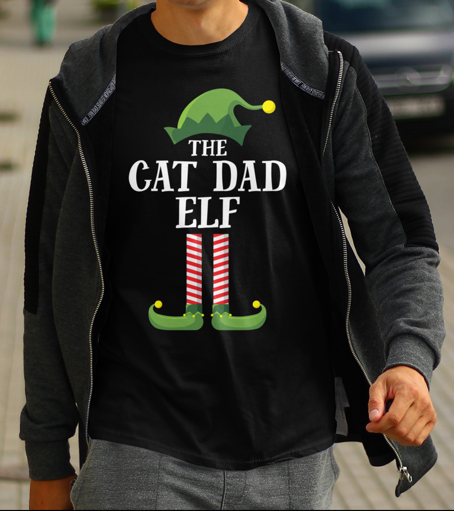 The Cat Dad Elf Matching Family Group Christmas Pajama Holiday T-Shirt
