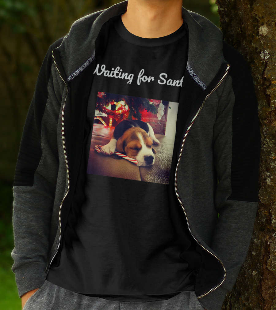 Waiting For Santa Cute Dog Under Christmas Tree With Candy Cane T-Shirt