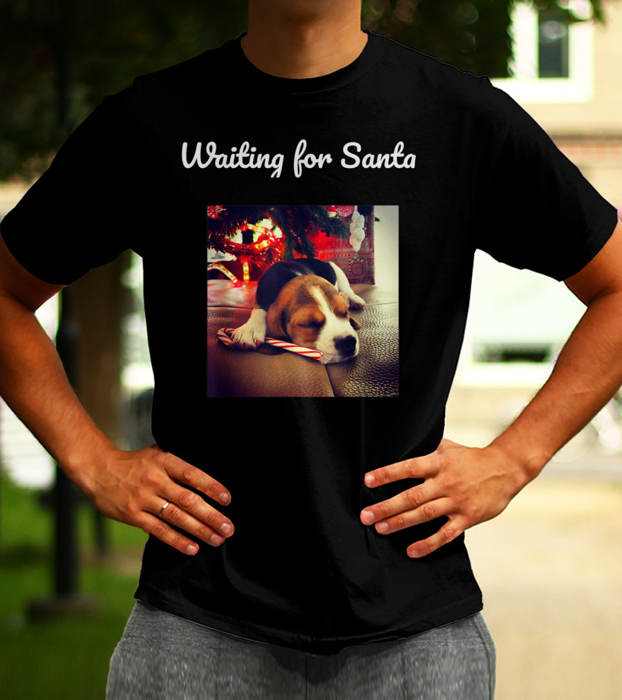 Waiting For Santa Cute Dog Under Christmas Tree With Candy Cane T-Shirt