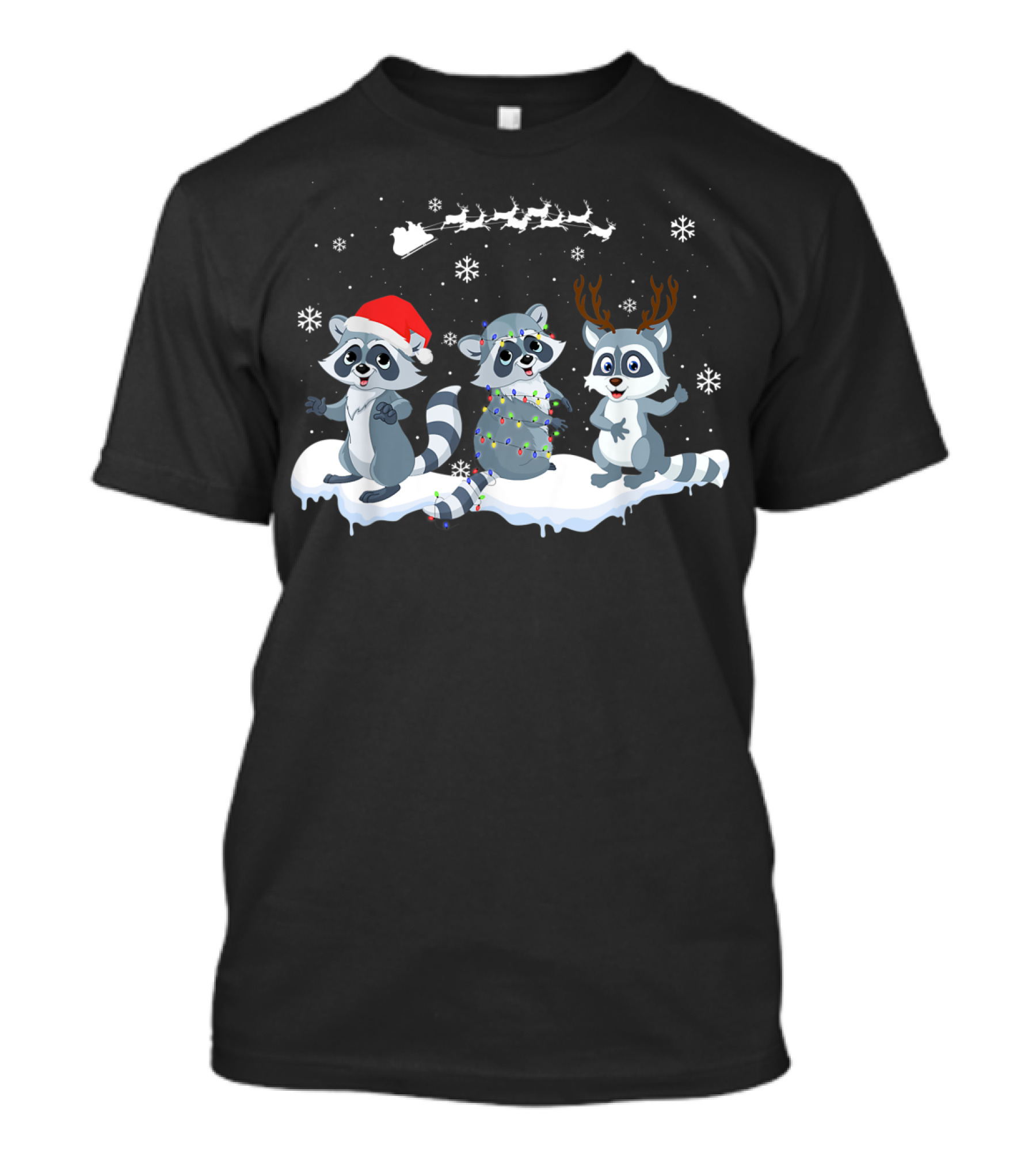 Christmas Cute Raccoon Santa Reindeer Snowflakes Sleigh T-Shirt