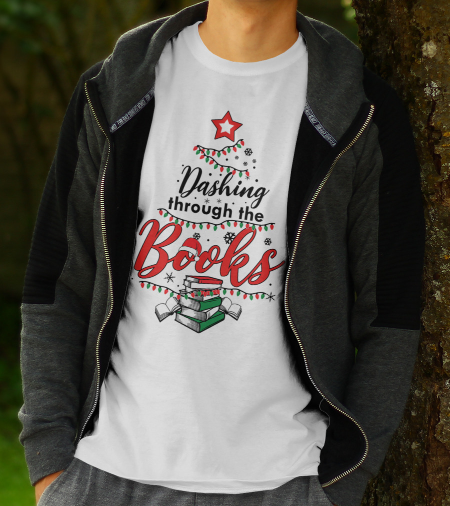 Dashing Through The Books Christmas Tree With Stack Of Books And Santa Hat T-Shirt