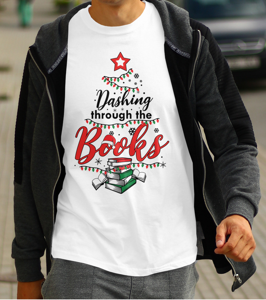 Dashing Through The Books Christmas Tree With Stack Of Books And Santa Hat T-Shirt