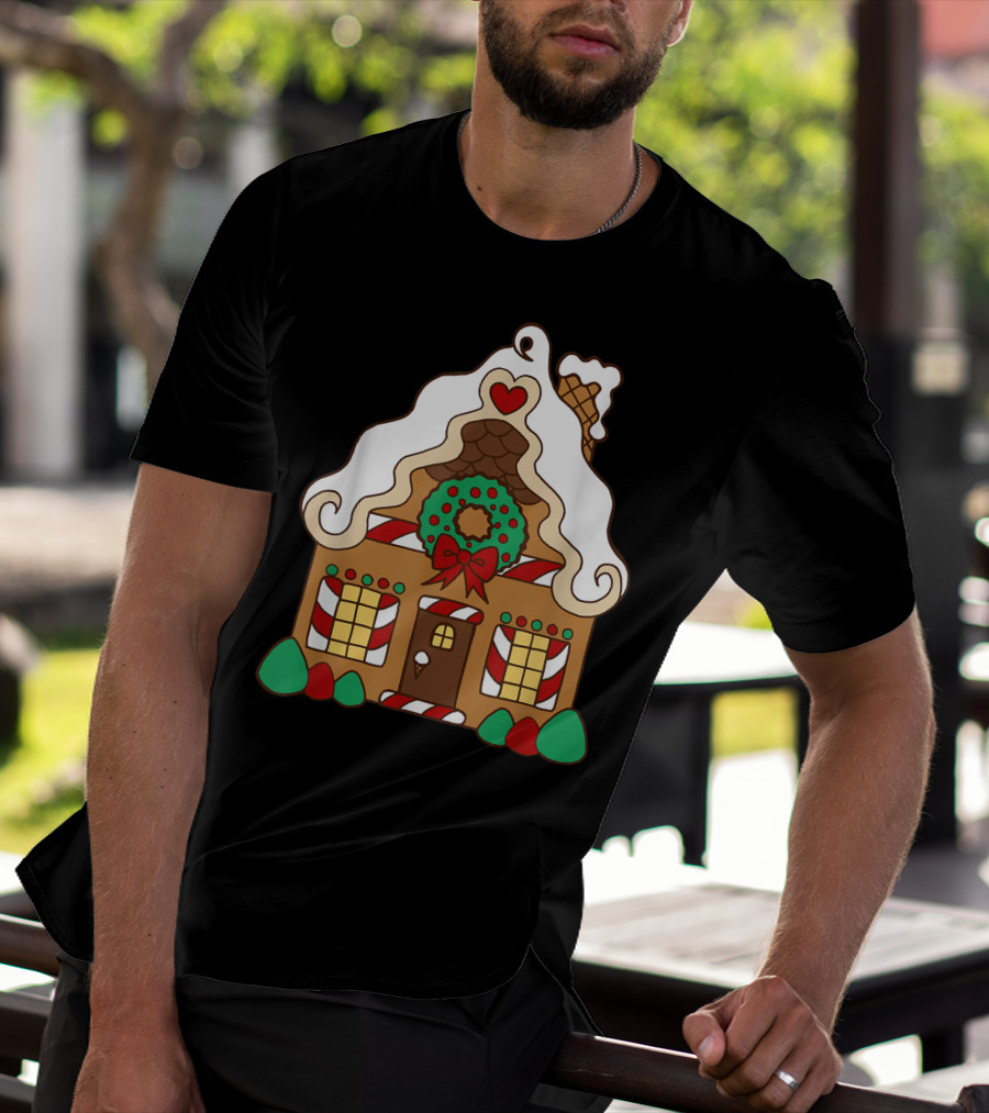 Christmas Gingerbread House With Candy Cane And Wreath T-Shirt