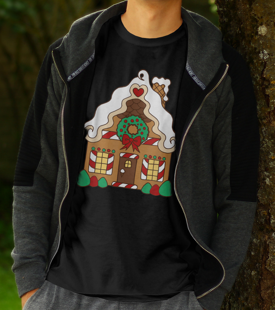 Christmas Gingerbread House With Candy Cane And Wreath T-Shirt