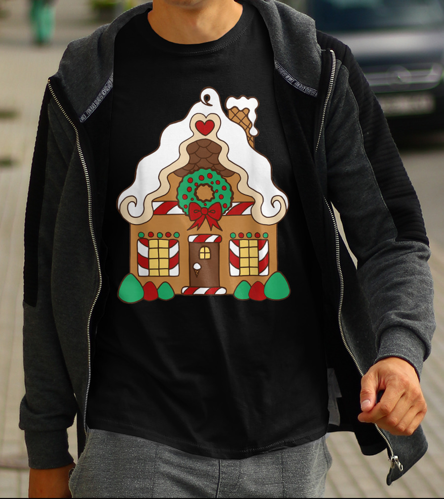 Christmas Gingerbread House With Candy Cane And Wreath T-Shirt