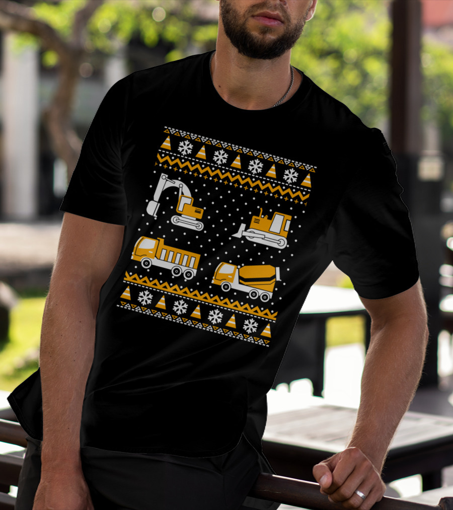 Construction Excavator Bulldozer Dump Truck Cement Mixer Snowflakes T-Shirt
