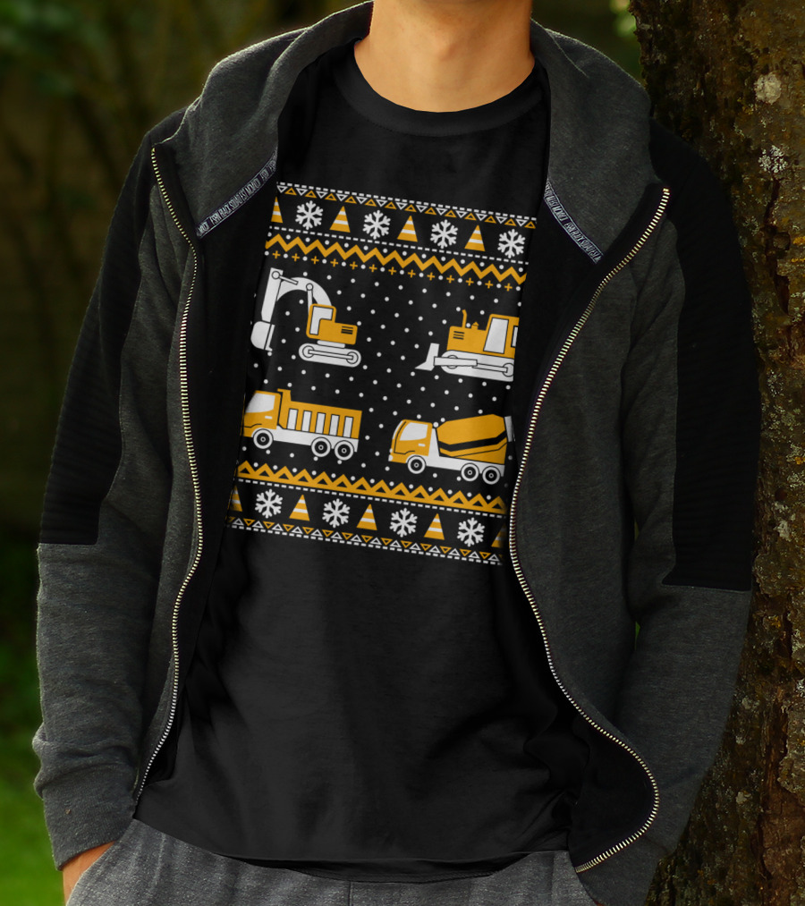 Construction Excavator Bulldozer Dump Truck Cement Mixer Snowflakes T-Shirt
