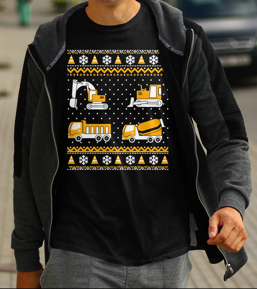 Construction Excavator Bulldozer Dump Truck Cement Mixer Snowflakes T-Shirt