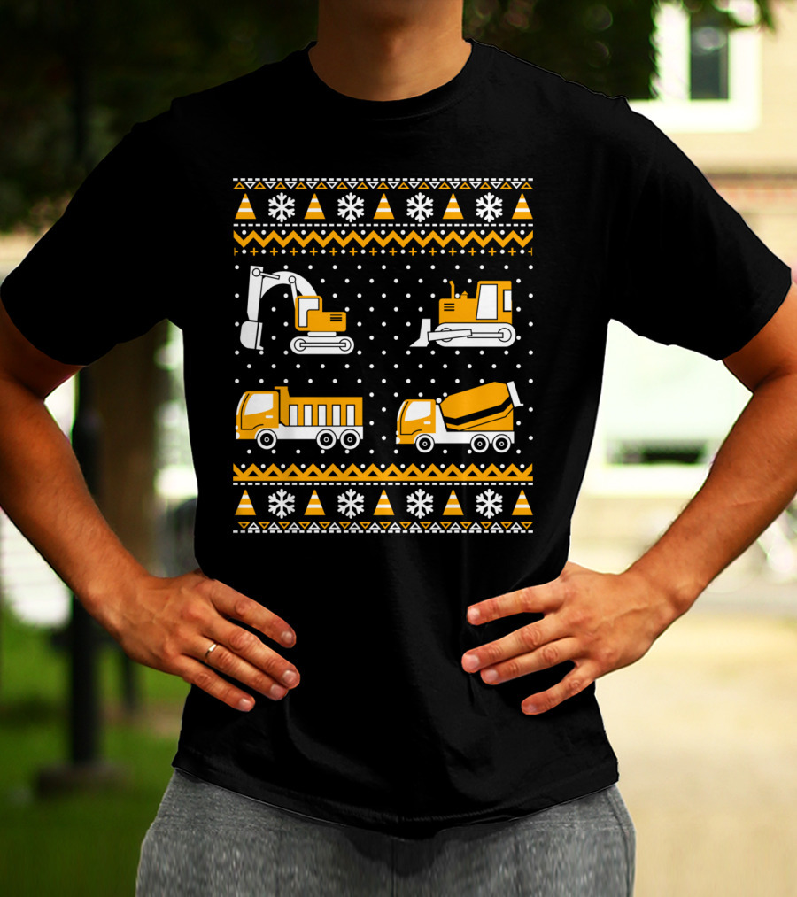 Construction Excavator Bulldozer Dump Truck Cement Mixer Snowflakes T-Shirt