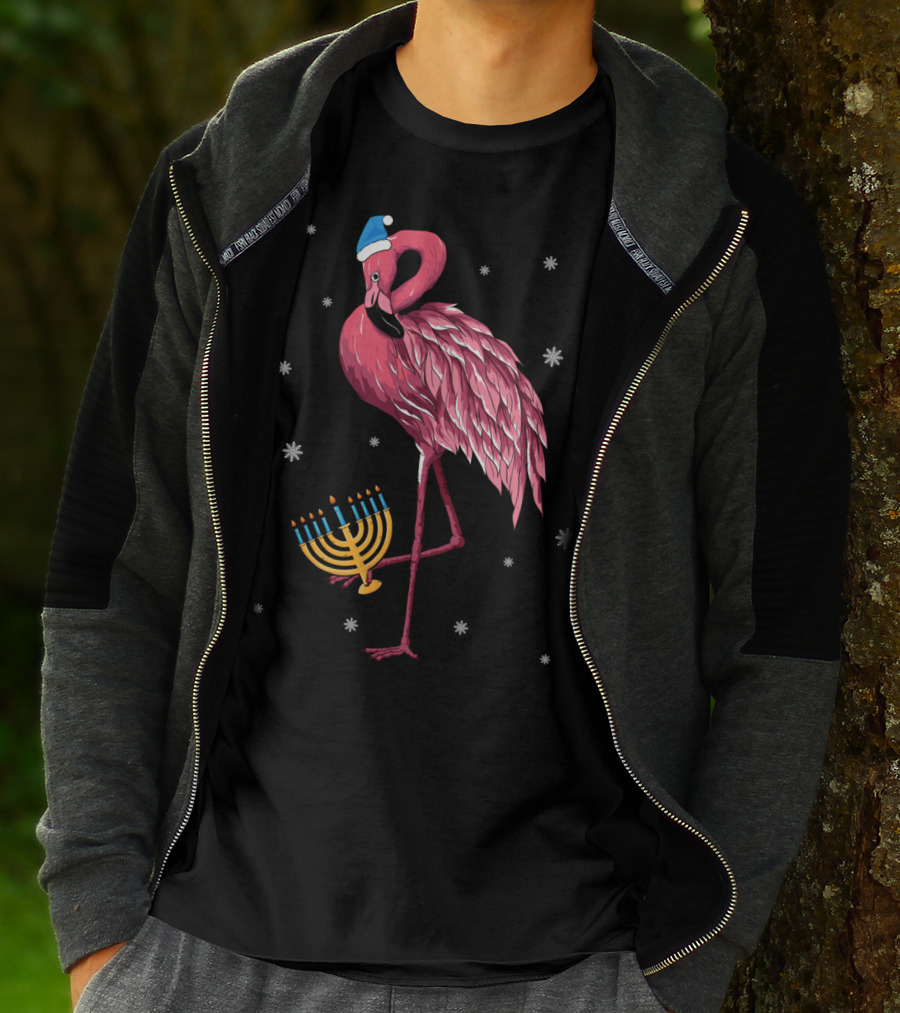 Cute Menorah Flamingo Hanukkah Chanukah With Snowflakes T-Shirt