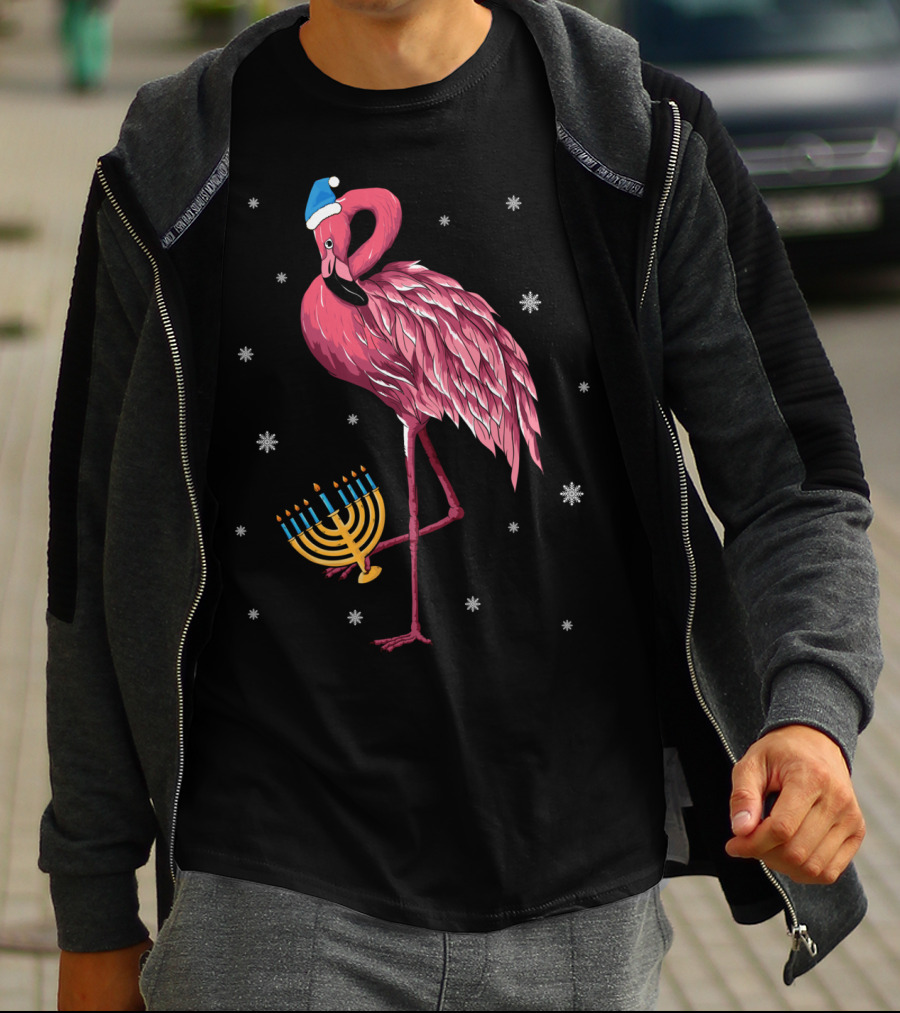 Cute Menorah Flamingo Hanukkah Chanukah With Snowflakes T-Shirt