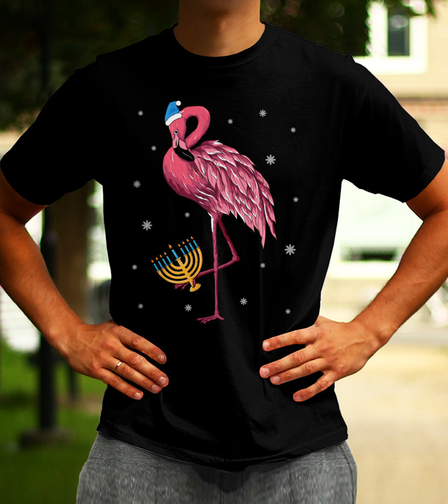 Cute Menorah Flamingo Hanukkah Chanukah With Snowflakes T-Shirt