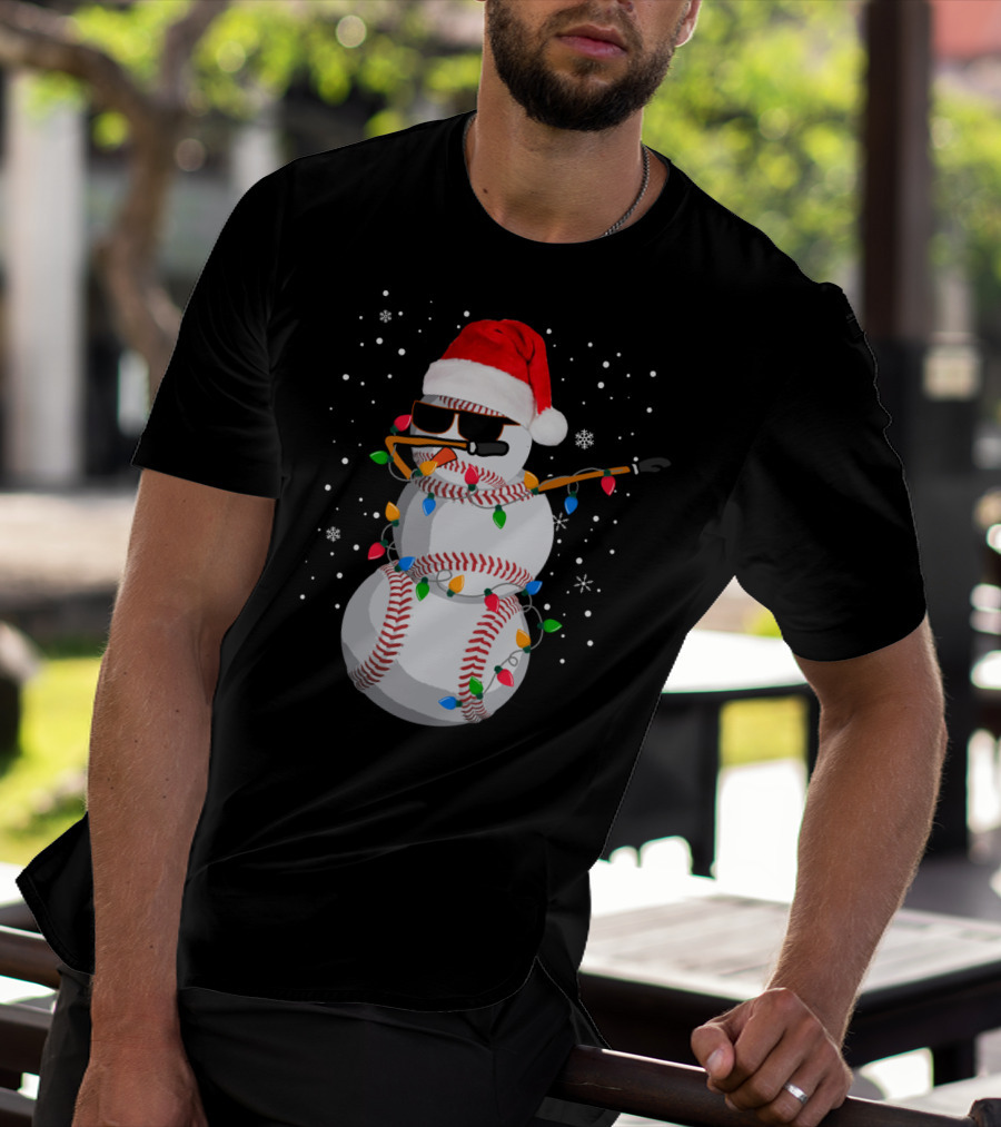 Dabbing Snowman Baseball Christmas Lights Santa Hat Sunglasses T-Shirt