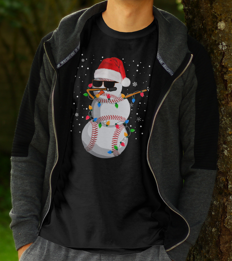 Dabbing Snowman Baseball Christmas Lights Santa Hat Sunglasses T-Shirt