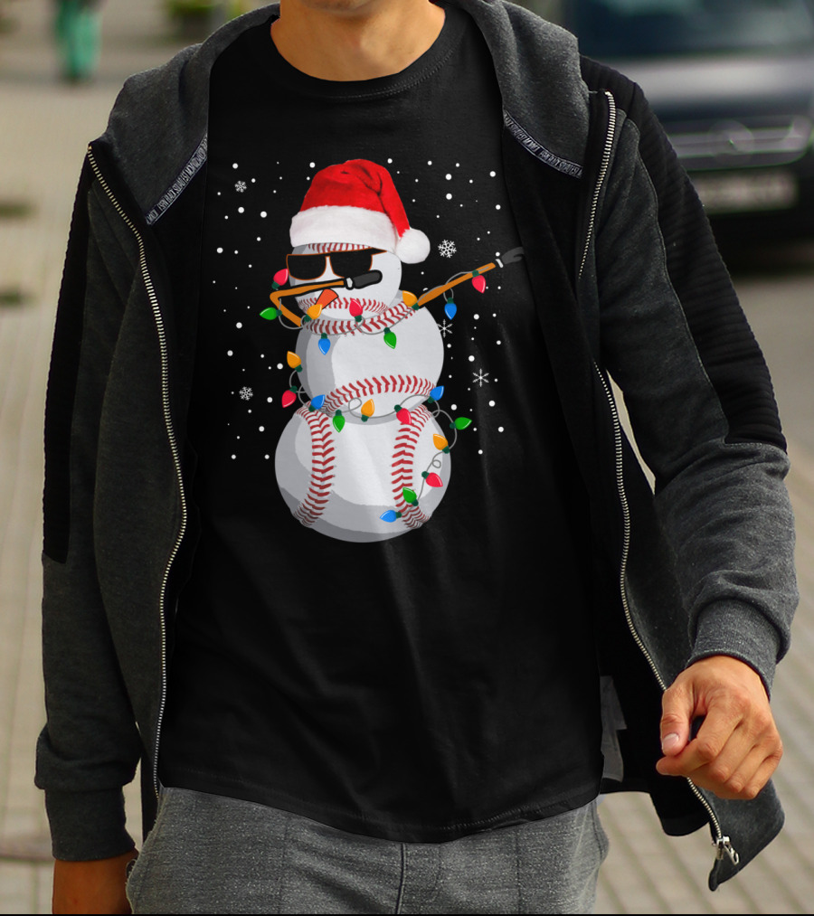 Dabbing Snowman Baseball Christmas Lights Santa Hat Sunglasses T-Shirt