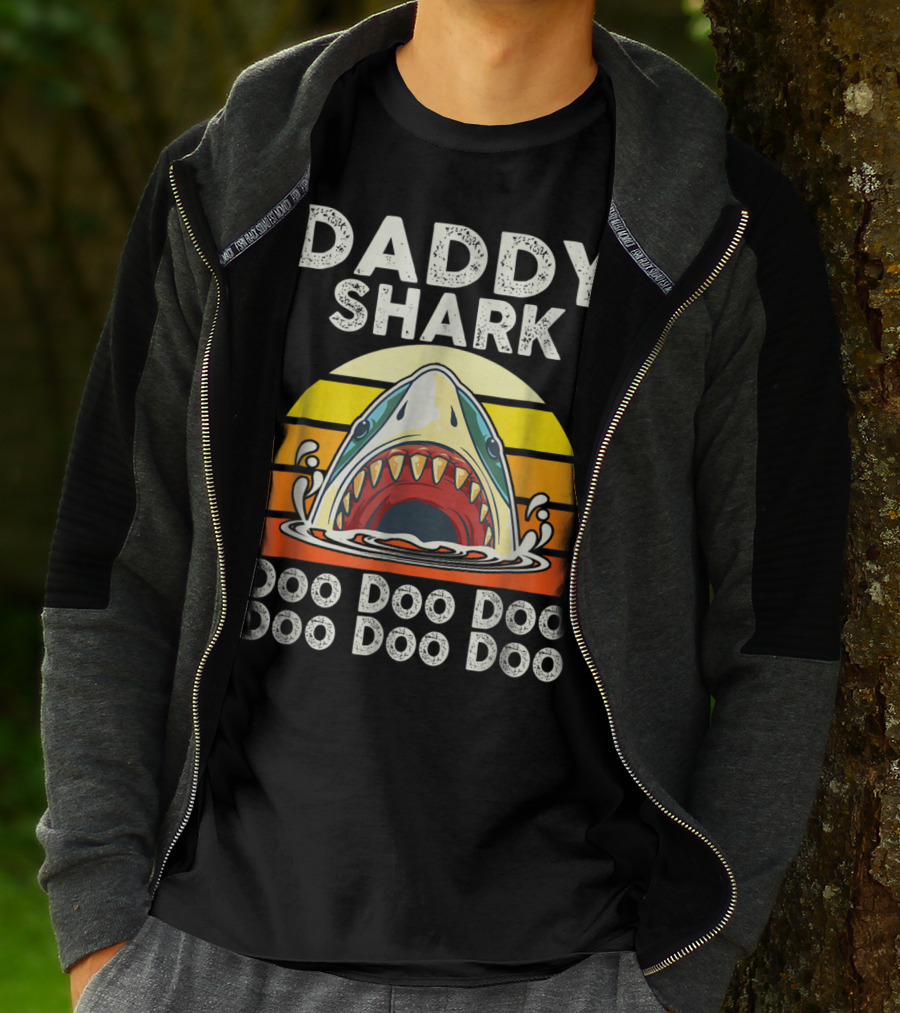Daddy Shark Doo Doo Doo Doo Doo Doo Funny Sunset Shark Face T-Shirt