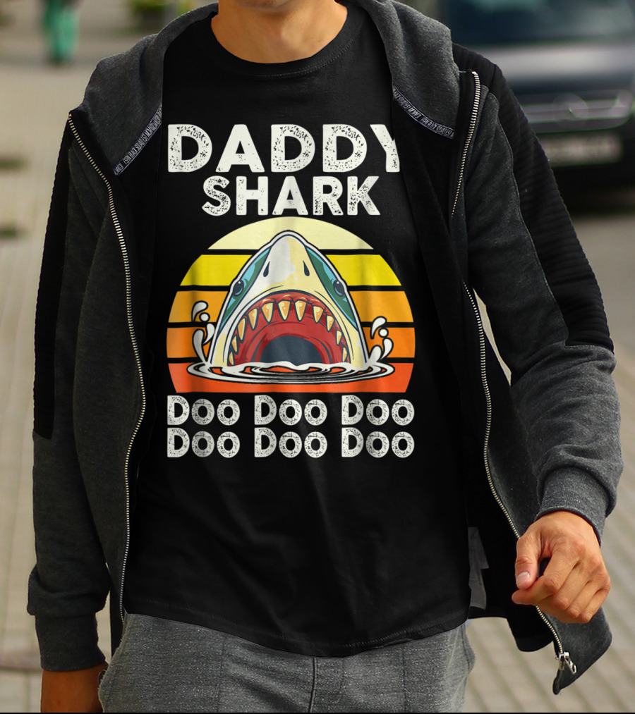 Daddy Shark Doo Doo Doo Doo Doo Doo Funny Sunset Shark Face T-Shirt