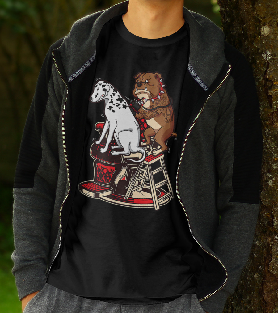 Dalmatian And Tattoo Artist Bulldog On Barber Chair T-Shirt