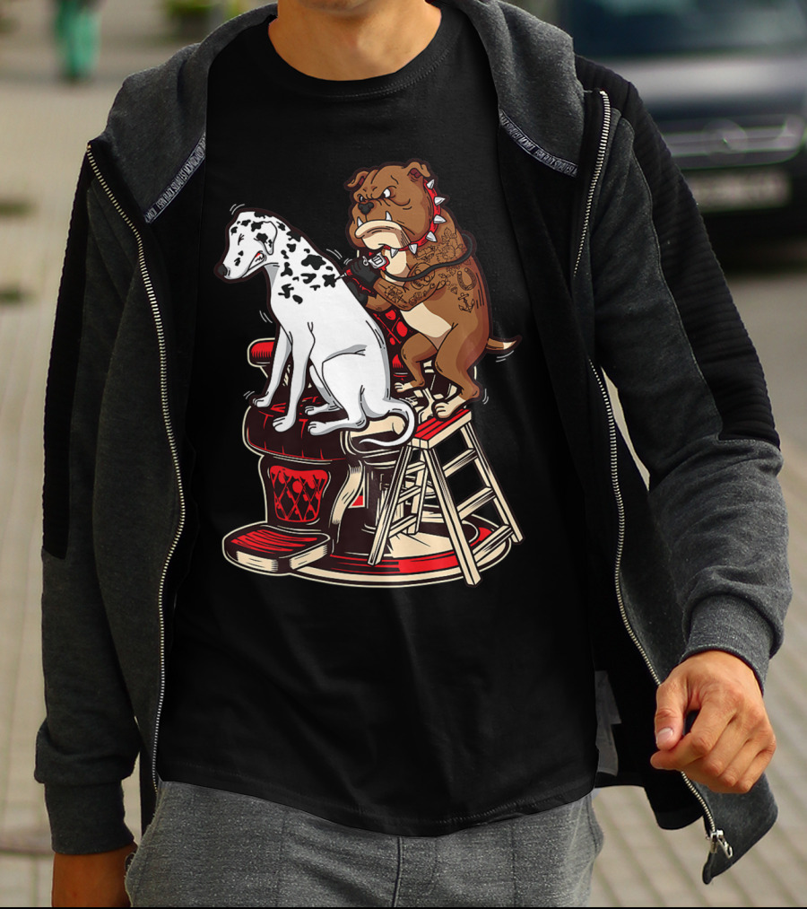 Dalmatian And Tattoo Artist Bulldog On Barber Chair T-Shirt